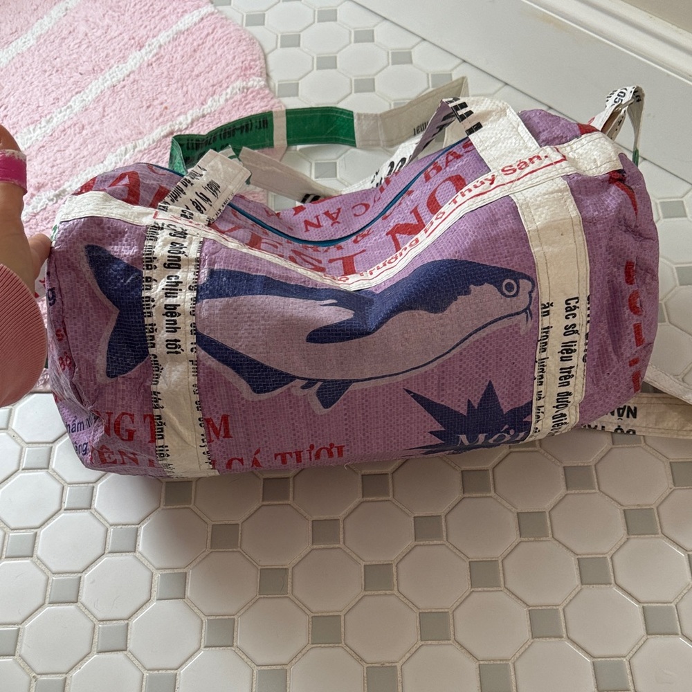 One of a kind duffle made from recycled materials